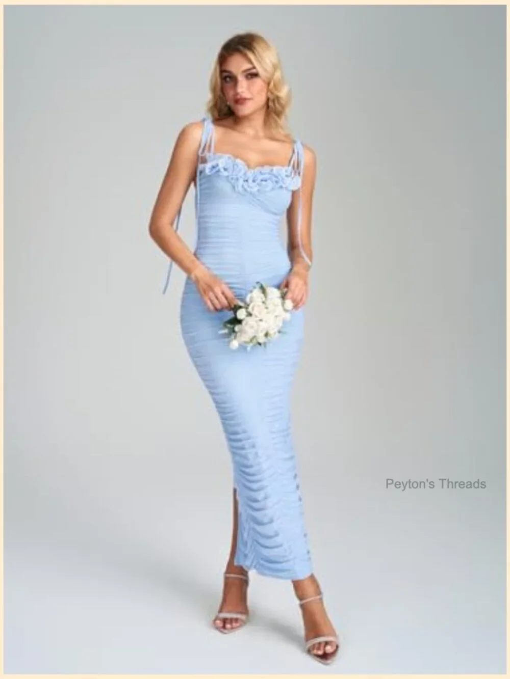 Tie Shoulder Formal Bodycon Maxi Dress Sleeveless Ruffle Ruched